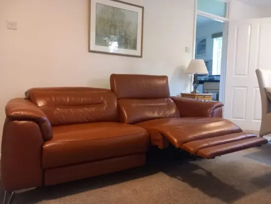 "Sanza" 3 seater double recliner power sofa in warm brown leather