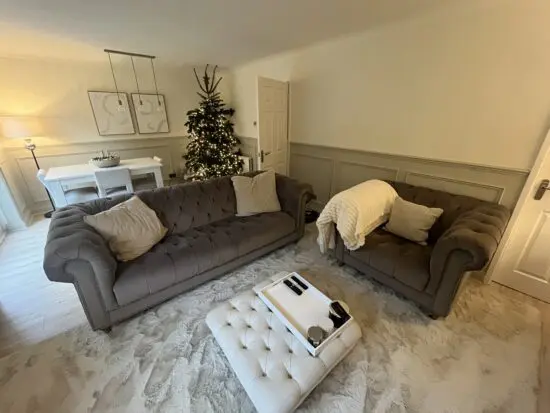 Housing Units Bronte 3.5 seater Chesterfield Sofa & Snuggle Chair in grey “smoke velvet”