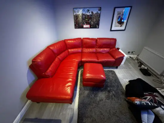 Red Leather Corner Sofa with Ottoman