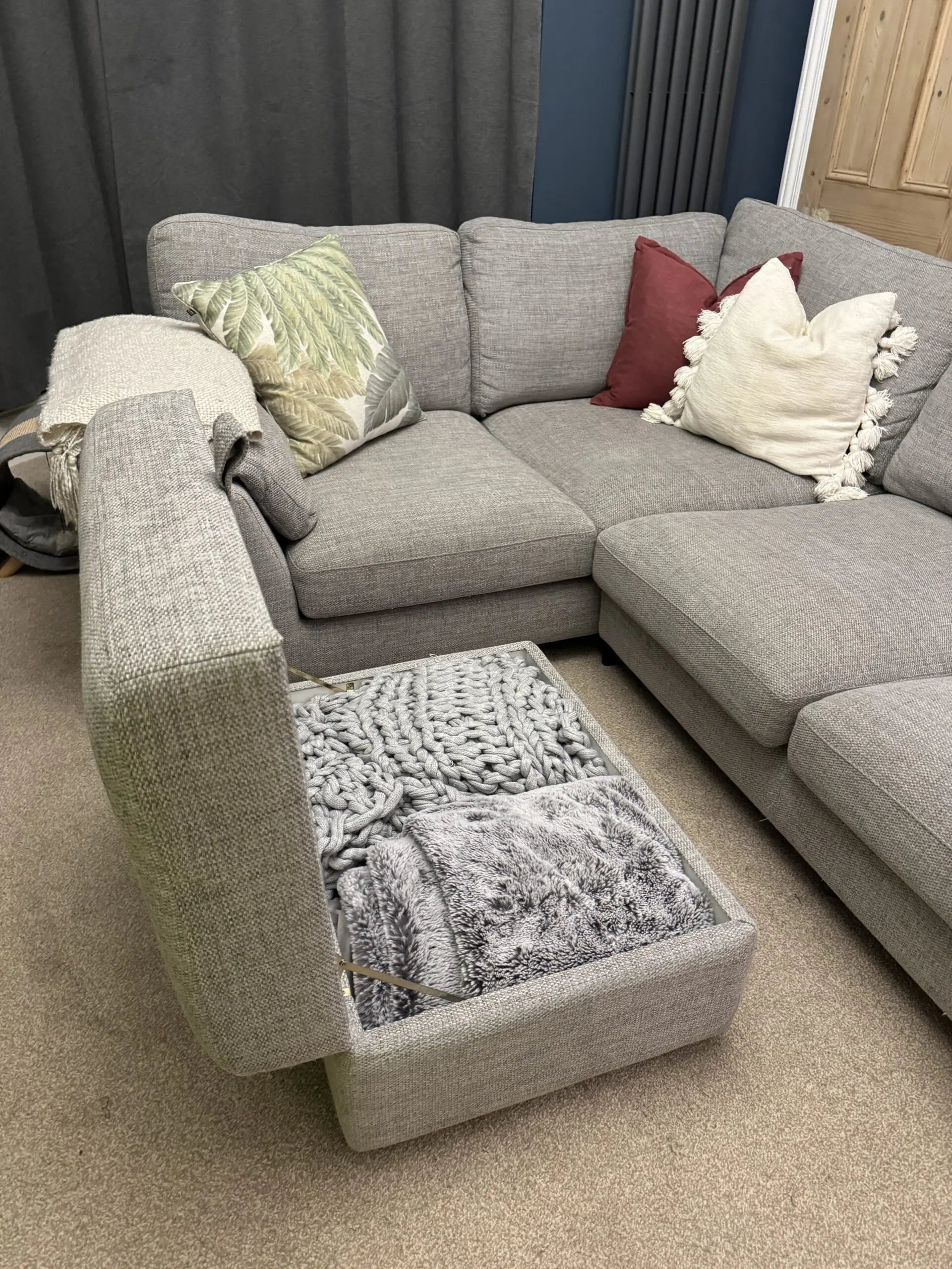DFS Grey Euphoria Sofa with matching storage ottoman
