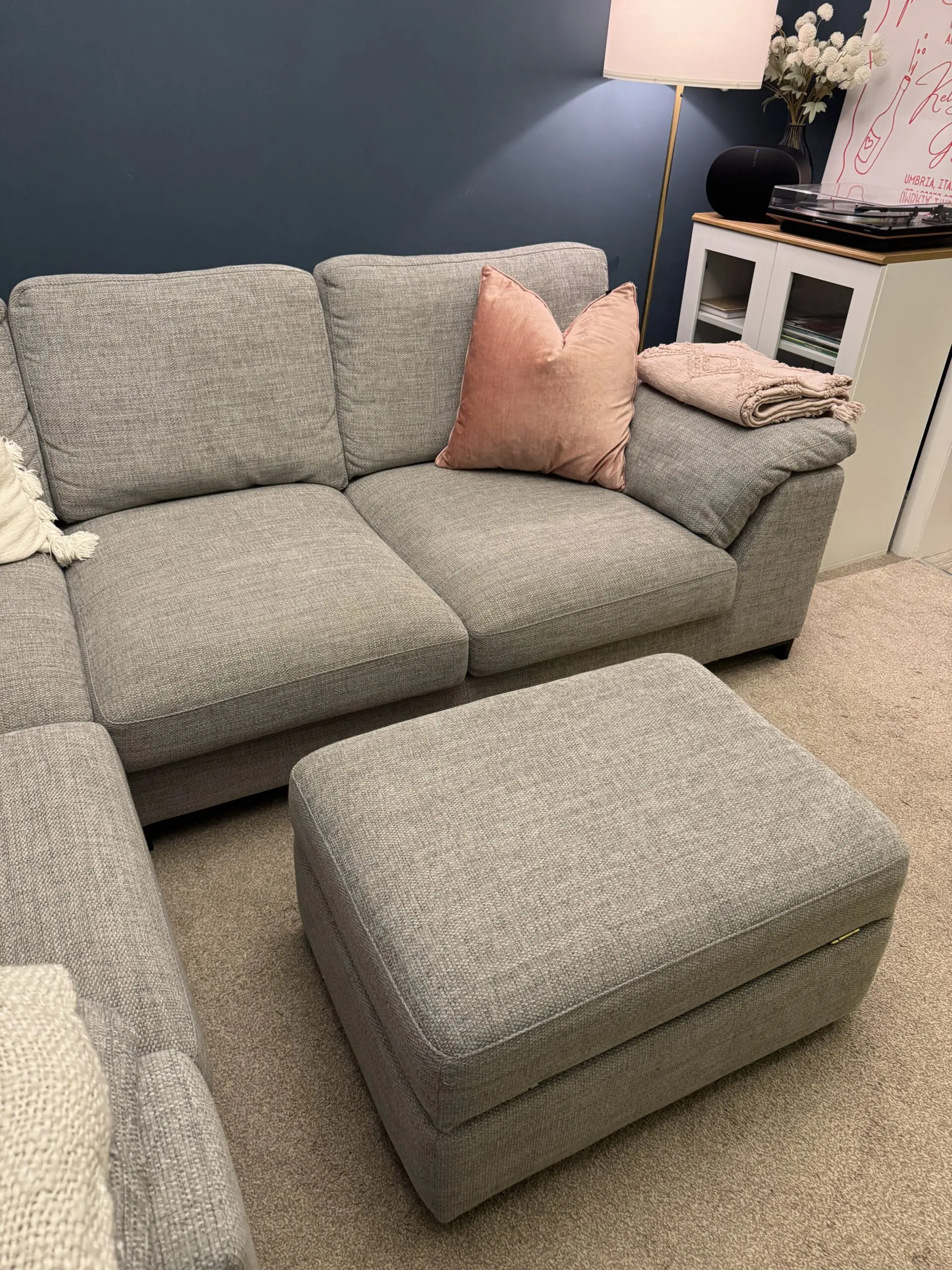 DFS Grey Euphoria Sofa with matching storage ottoman