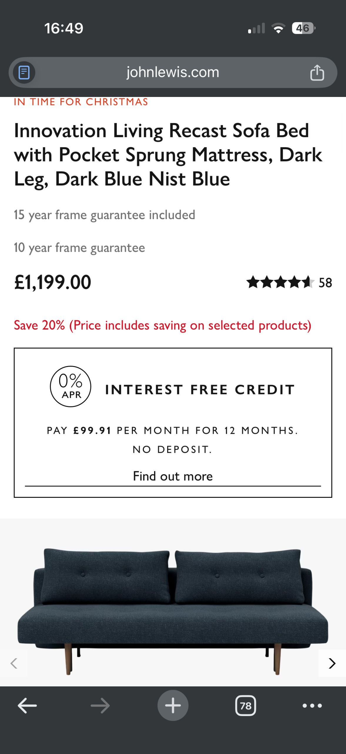 ✨ Innovation Living Recast Sofa Bed – Dark Blue – Excellent Condition – £650