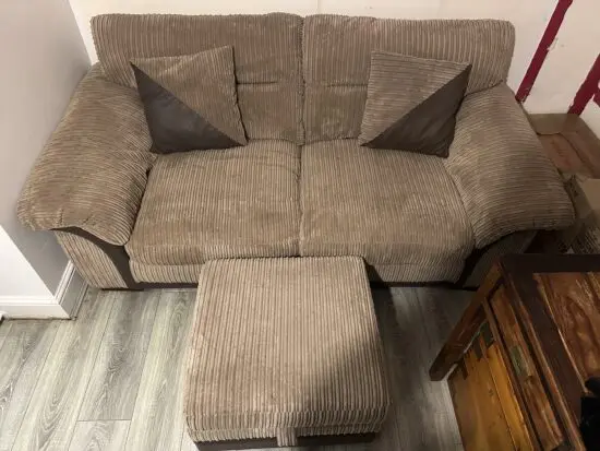 DFS Brown Cord Sofa Bed with matching footstool and 2 scatter cushions