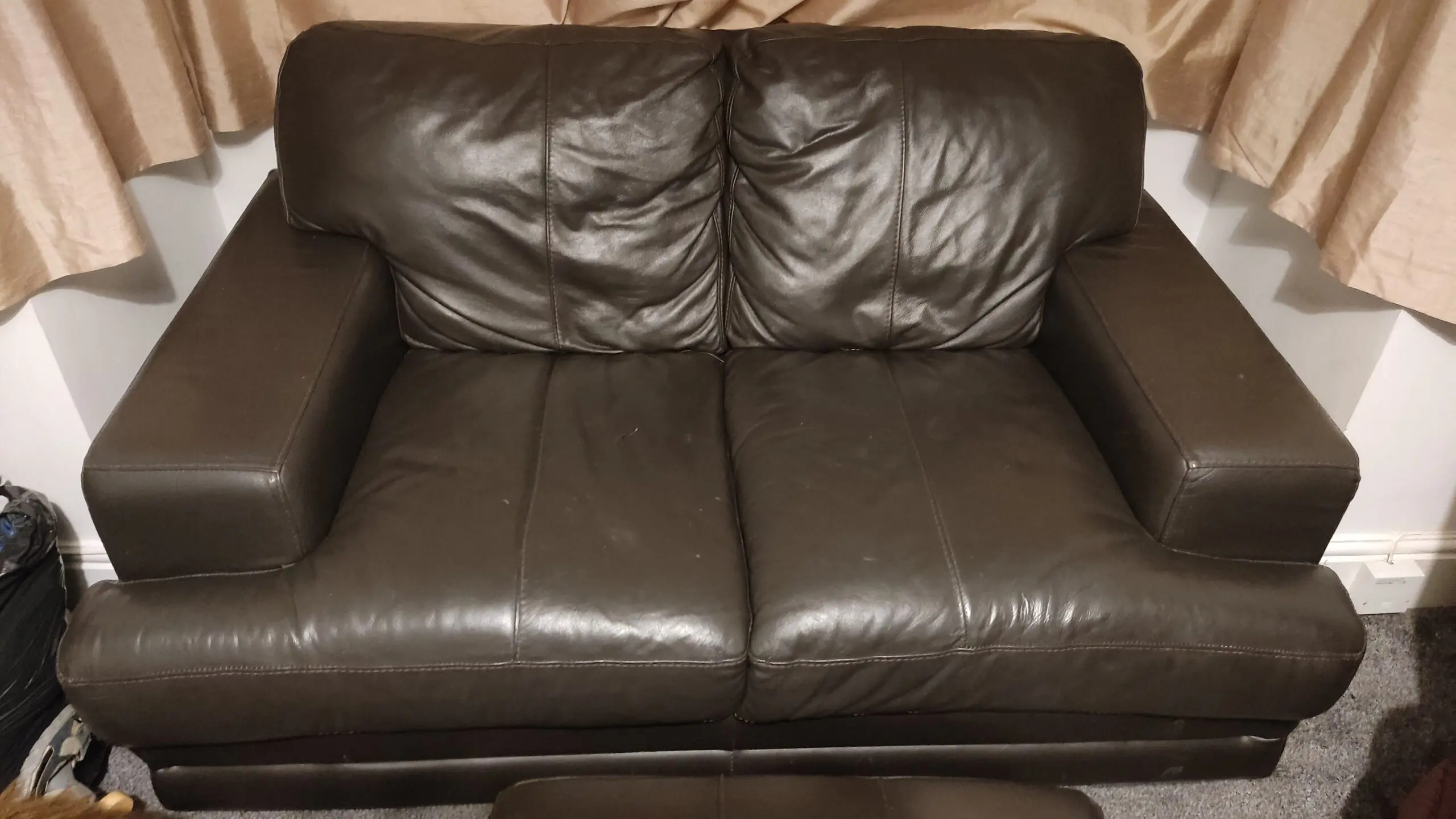 Modern DFS Dark brown Leather 3 & 2 Seater Sofa Set with Storage Footstool