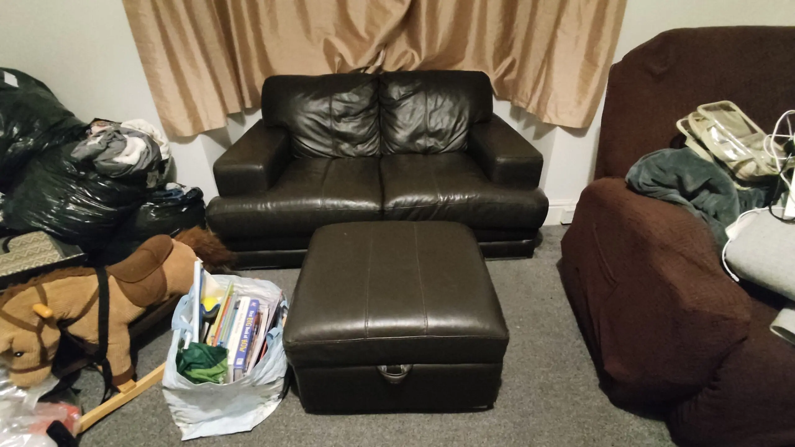 Modern DFS Dark brown Leather 3 & 2 Seater Sofa Set with Storage Footstool