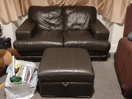 Modern DFS Dark brown Leather 3 & 2 Seater Sofa Set with Storage Footstool