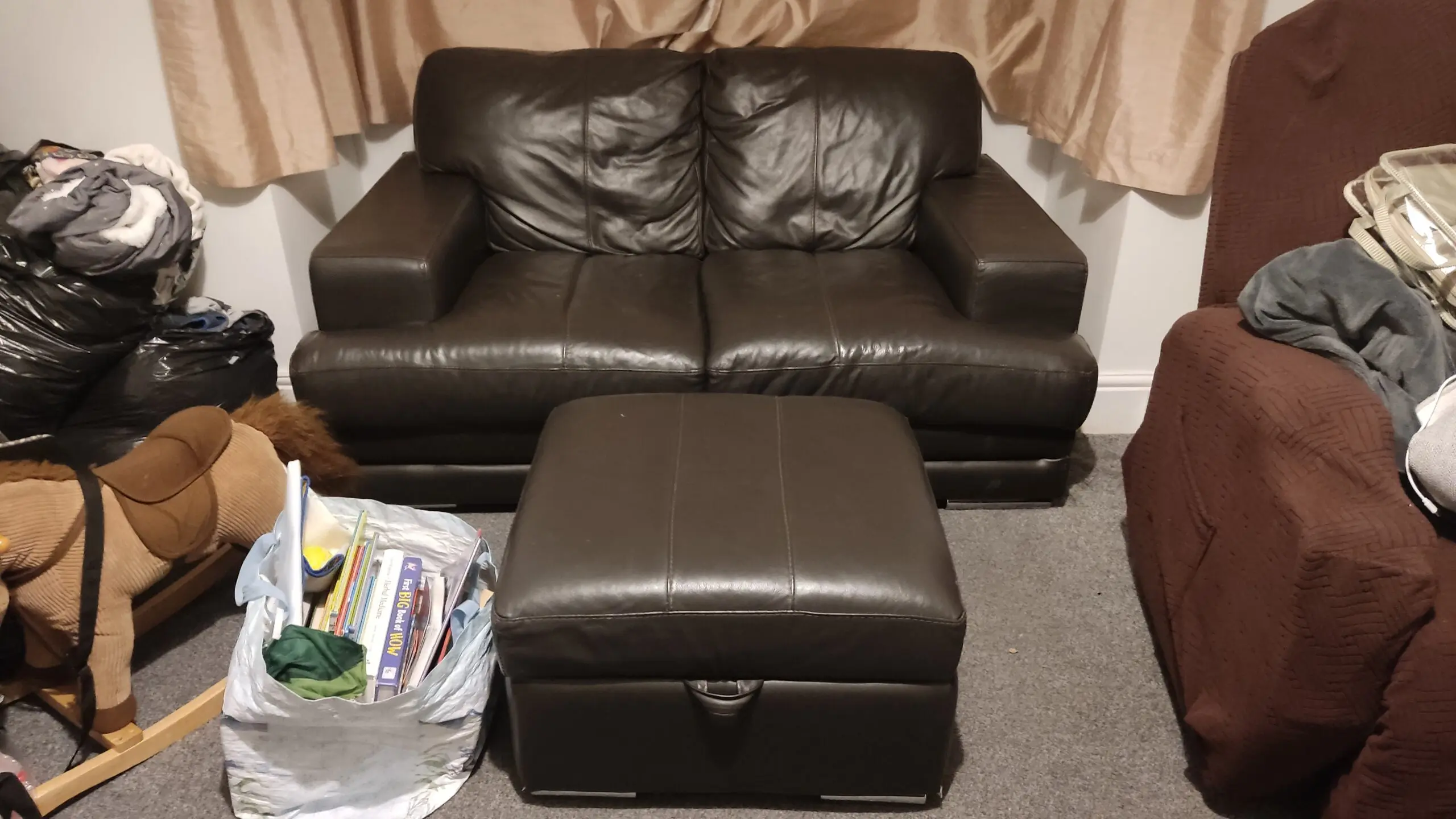 Modern DFS Dark brown Leather 3 & 2 Seater Sofa Set with Storage Footstool