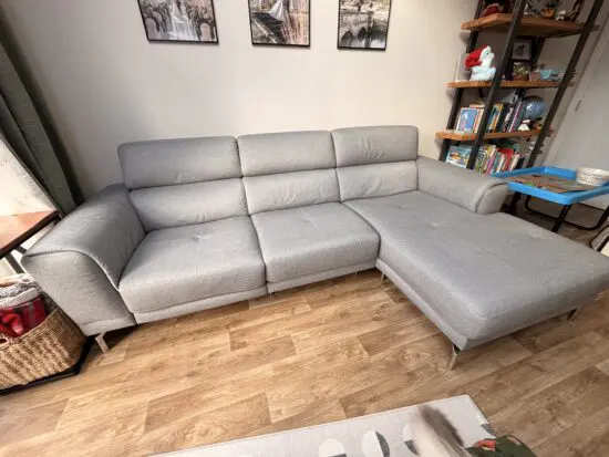 DFS Venezia corner sofa in silver, with power recline and adjustable head rest