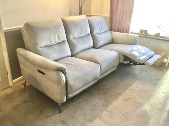 Furniture Village “Daytona” power recliner Sofa set. Suite comprises 3 seat sofa and two chairs all with usb – 6 months old in Dexter Smoke grey fabric.