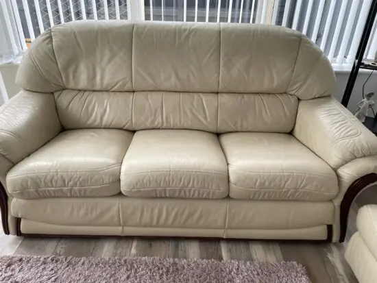 Klaussner furniture cream leather 3 seater sofa 1 chair and footstool
