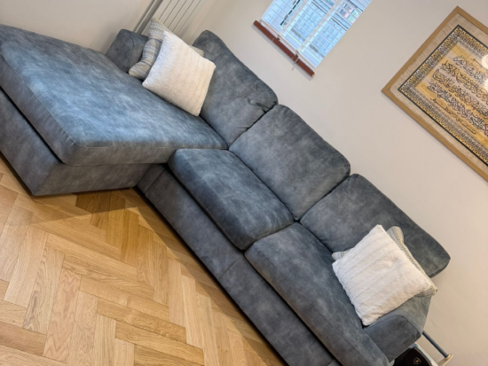 Sofology Velvet Blue Corner Sofa – Excellent Condition