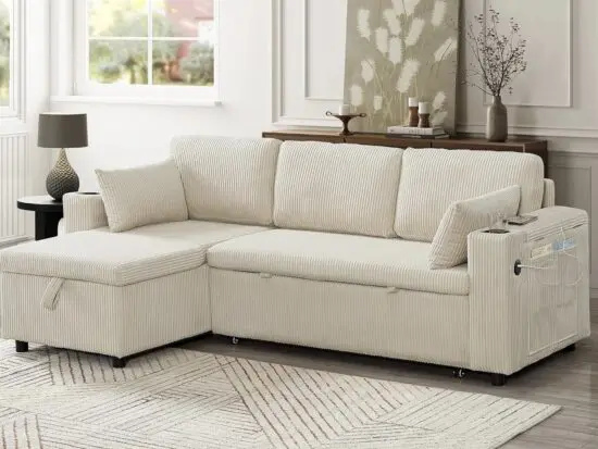 This is a 3-in-1 convertible corduroy sofa bed that's designed for versatility and comfort.