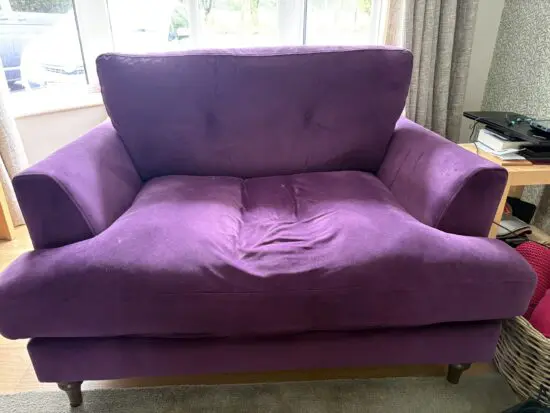 Purple velvet large sofa and snuggle