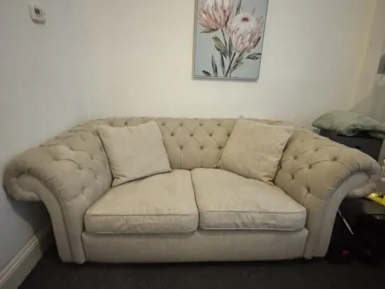 Furniture Village Chesterfield-Style 2-Seater Sofa – Beige Linen Fabric