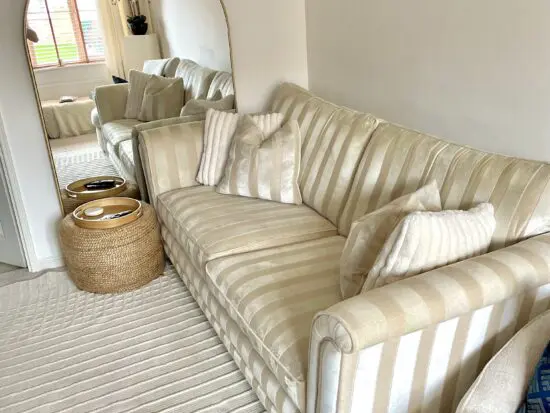 DFS Beige/Tan/Cream Striped Shimmering Sofa (Includes pictured gigantic rug)