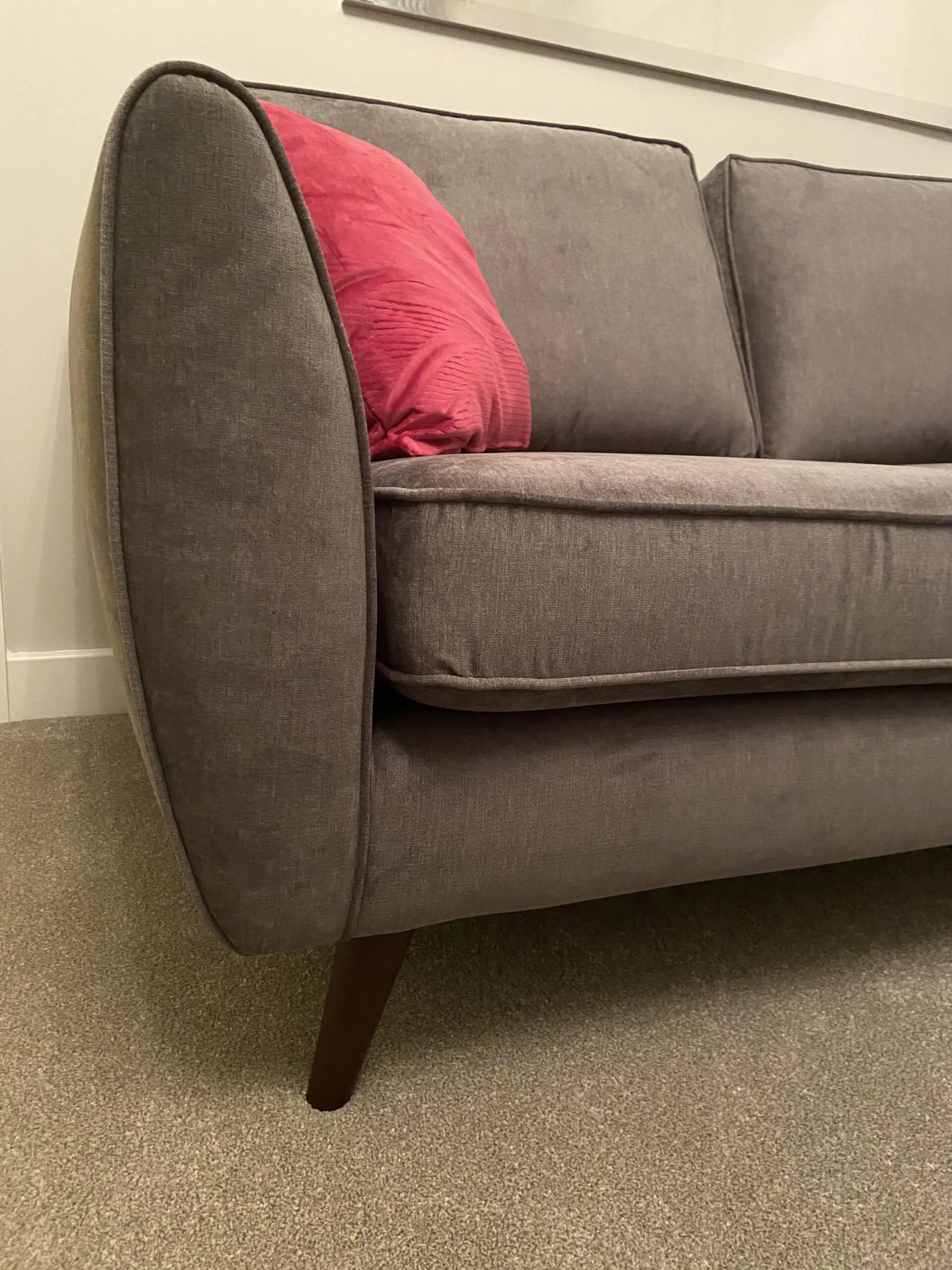 2 DFS charcoal grey Kyra 3-seater sofas with complementary footstool