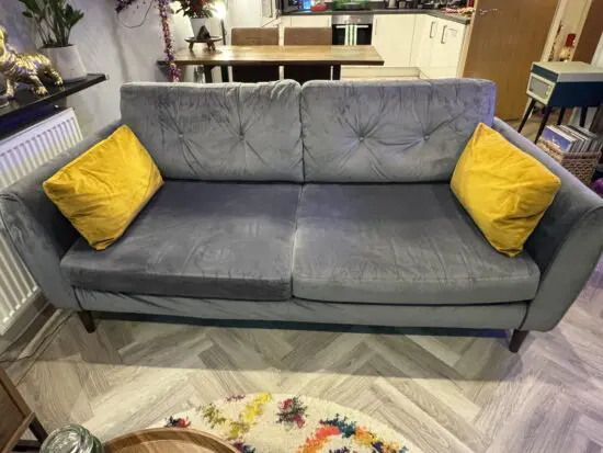 Sofology crushed velvet three seat sofa with mustard cushions – stunning statement piece