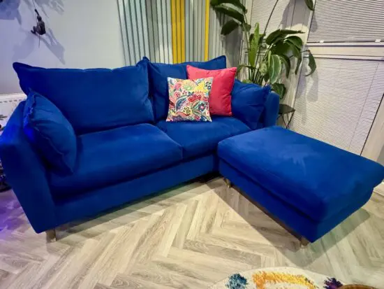 Lounge Co Charlotte sofa in royal blue crushed velvet with matching footstool
