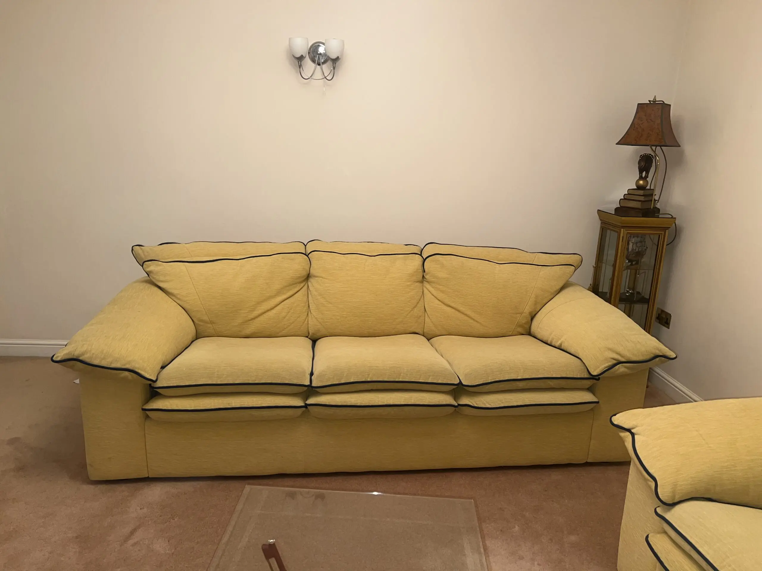 DFS Mustard Yellow & Blue 3 Seater Fabric Sofa