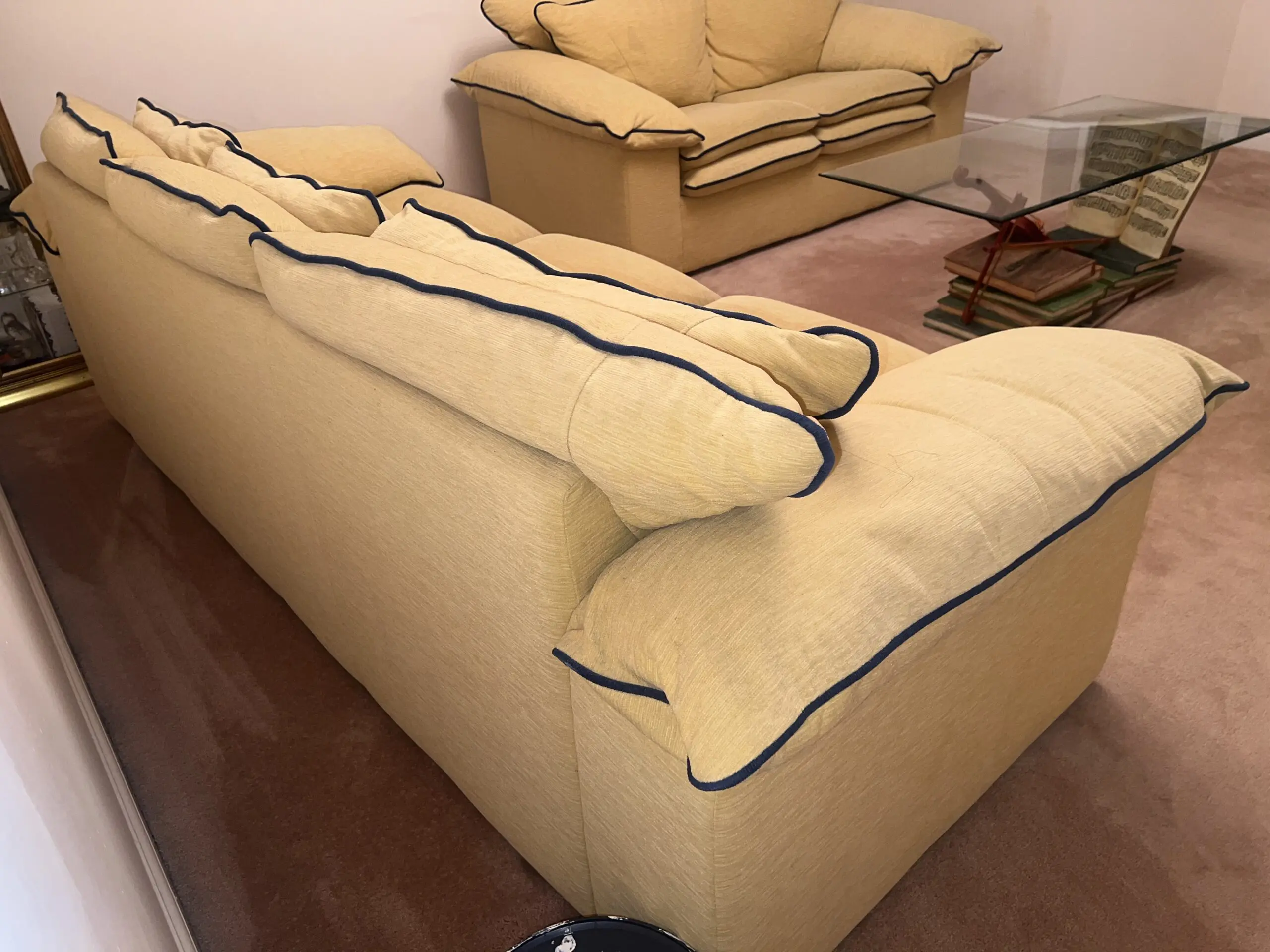 DFS Mustard Yellow & Blue 3 Seater Fabric Sofa