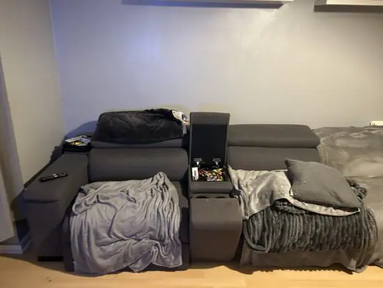 DFS grey sofa with recliner chair, USB ports, and storage