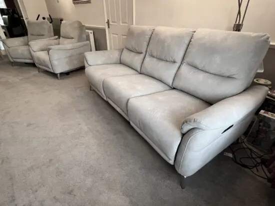 Furniture Village “Daytona” Power Recliner Suite – 6 months old in Dexter Smoke grey fabric.