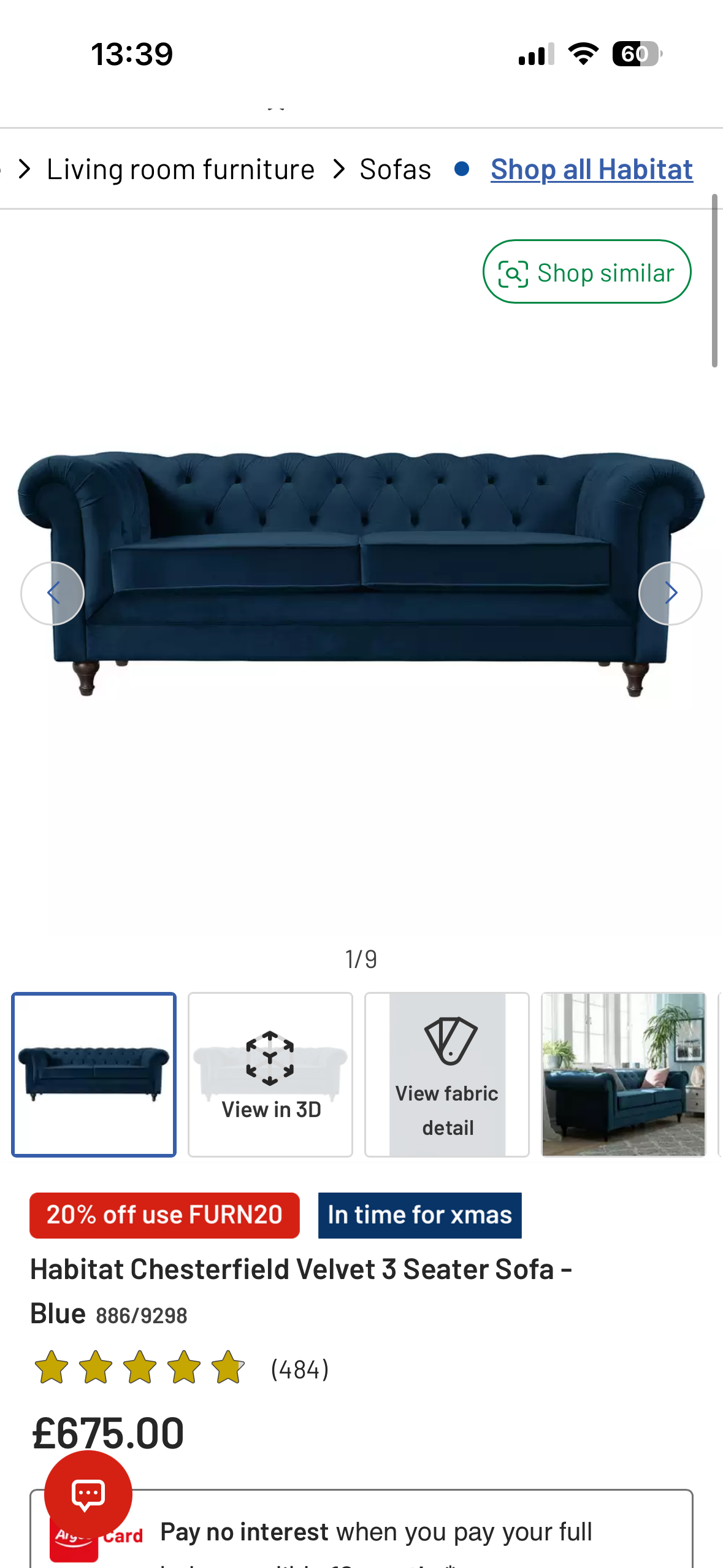 Blue habitat chesterfield sofa set + chaise lounge
