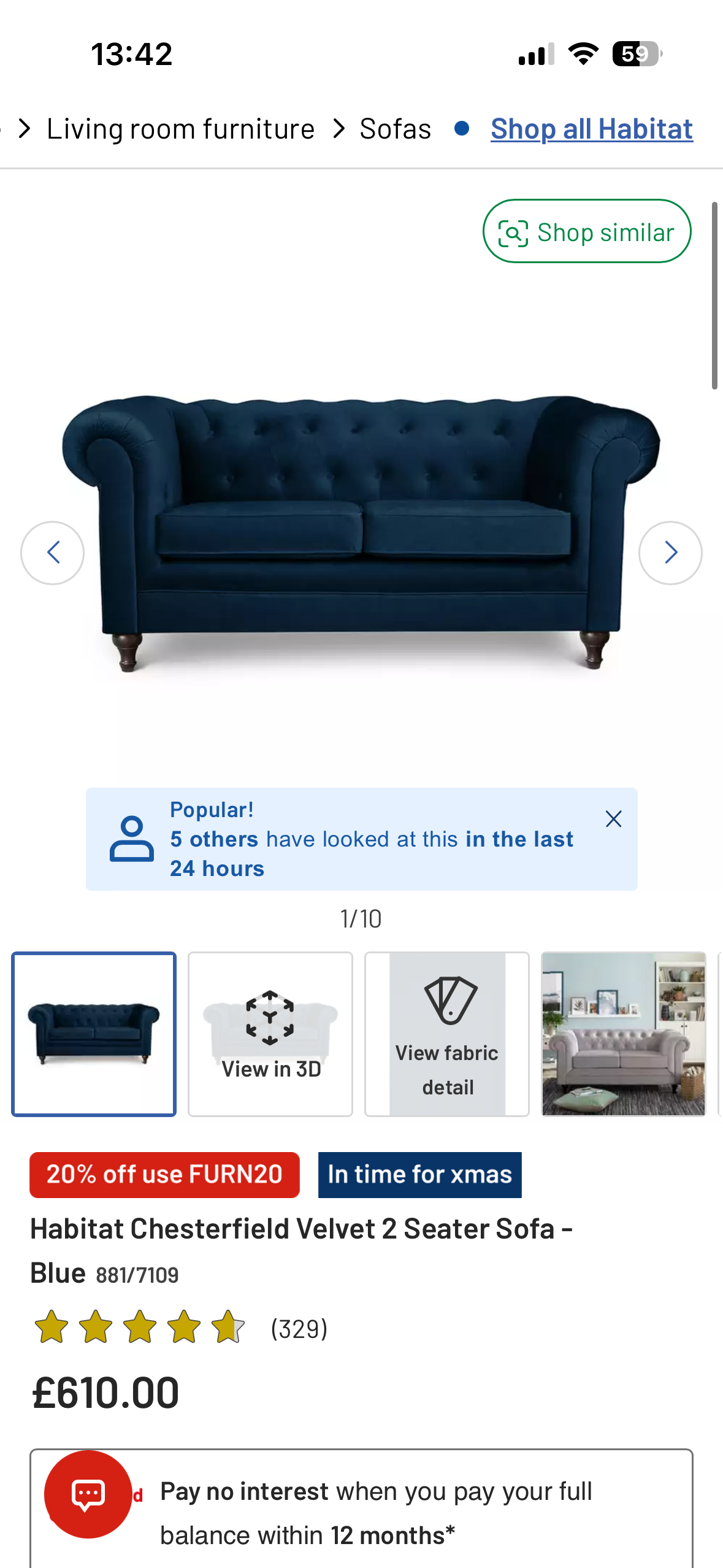 Blue habitat chesterfield sofa set + chaise lounge