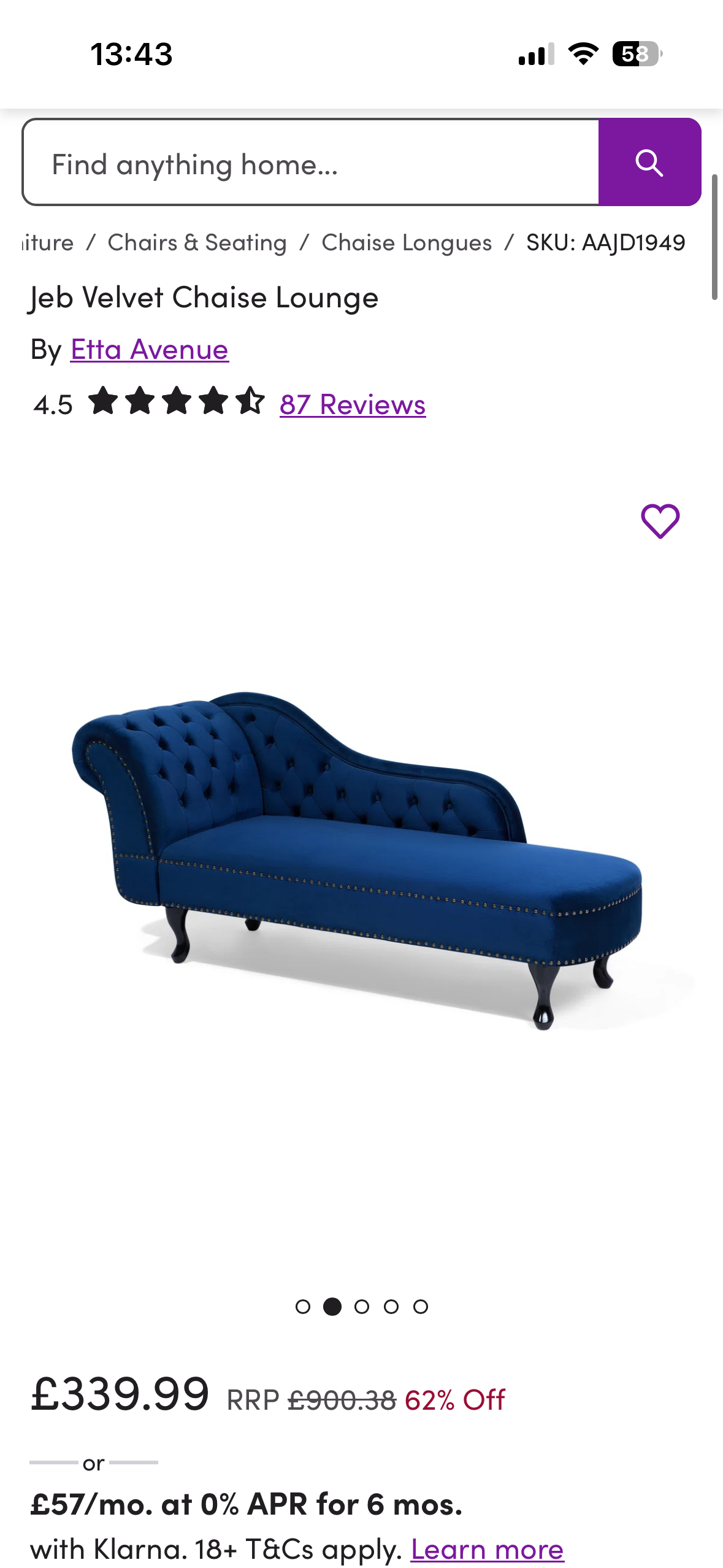 Blue habitat chesterfield sofa set + chaise lounge