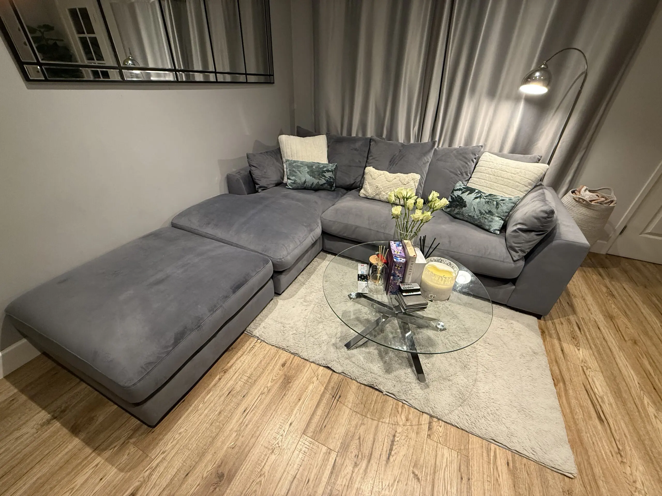 DFS Plush Velvet Pillow Back Left Hand Facing Large Chaise End Sofa