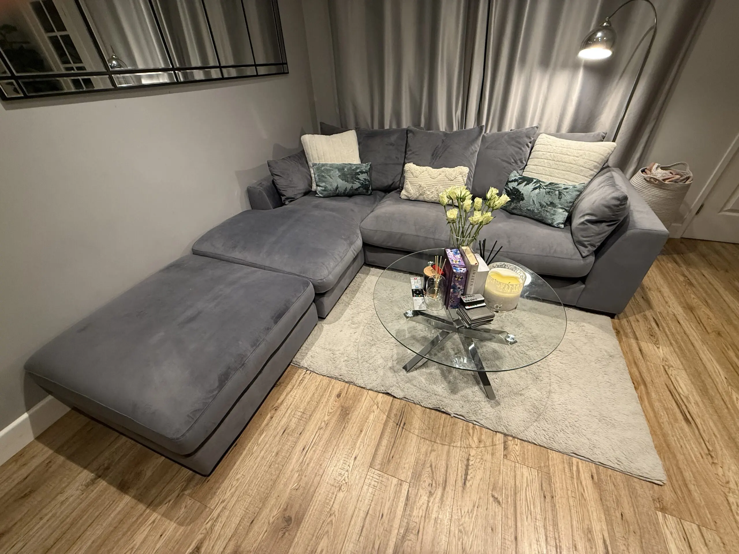 DFS Plush Velvet Pillow Back Left Hand Facing Large Chaise End Sofa