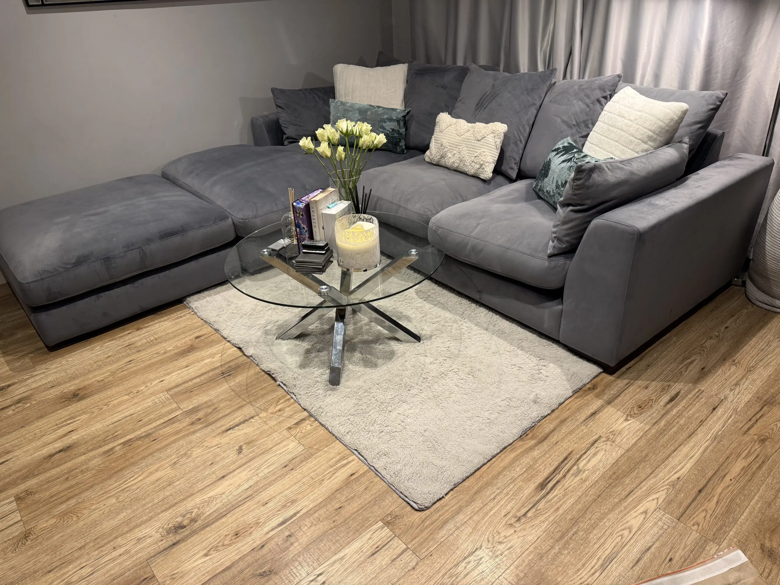 DFS Plush Velvet Pillow Back Left Hand Facing Large Chaise End Sofa