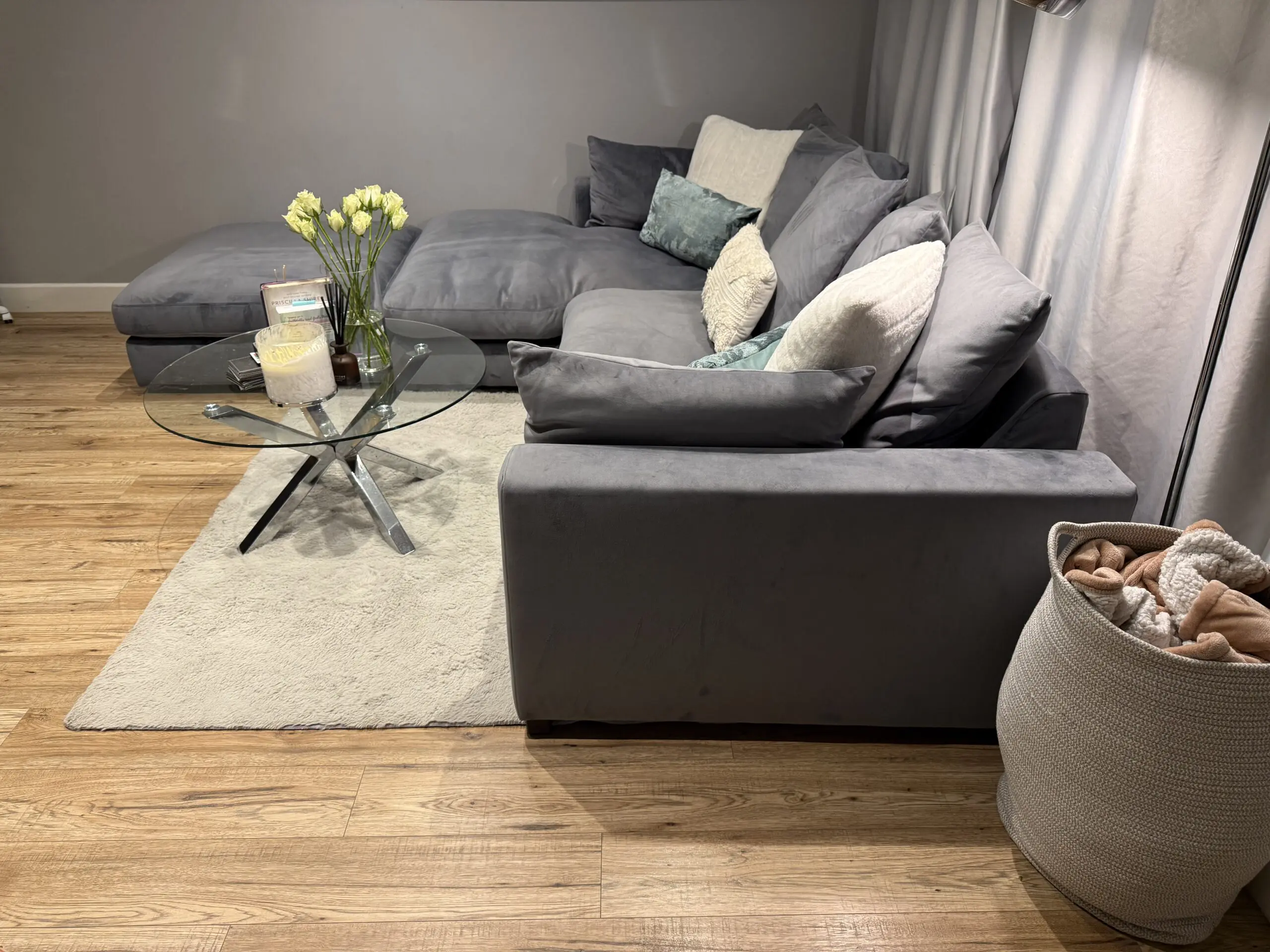 DFS Plush Velvet Pillow Back Left Hand Facing Large Chaise End Sofa