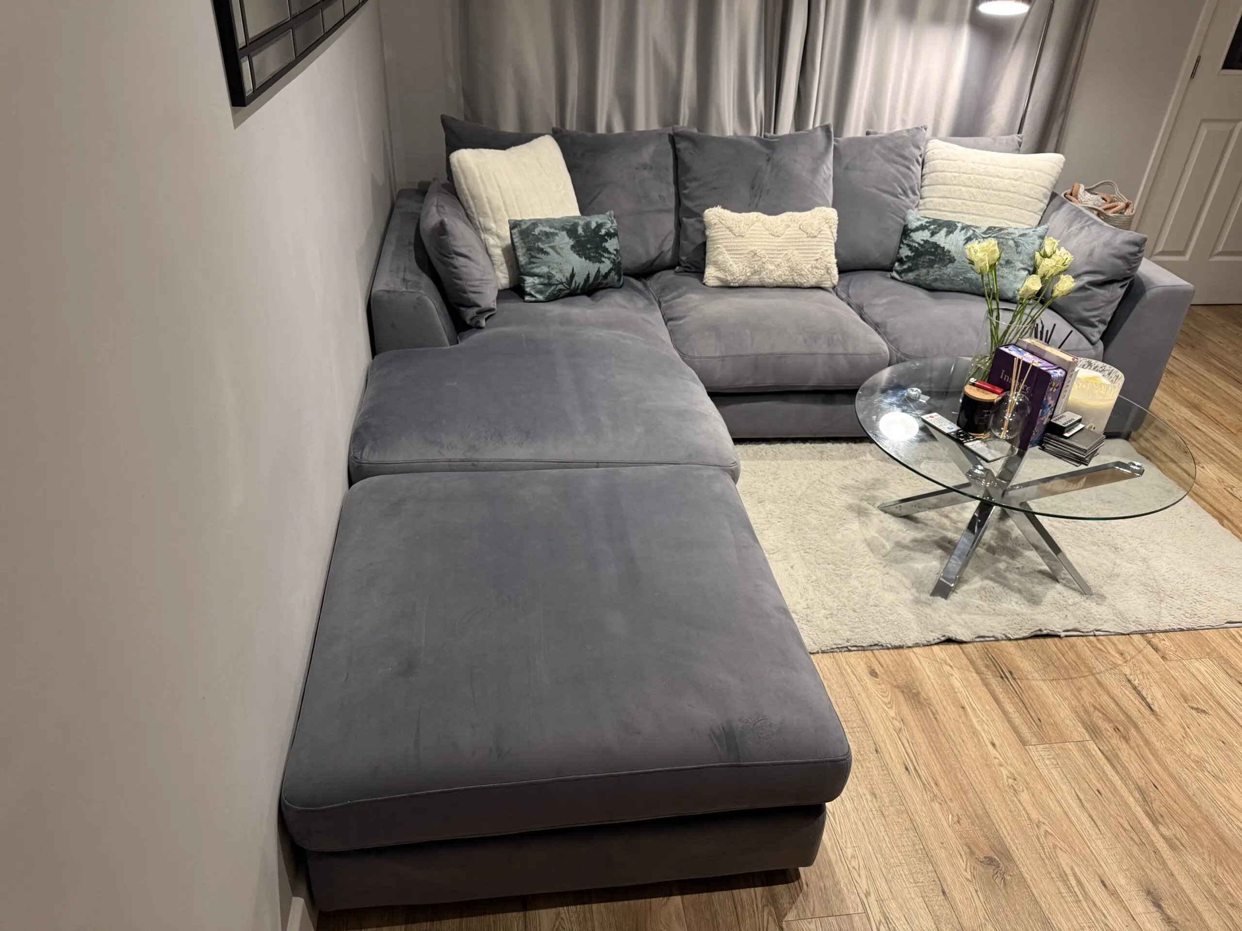 DFS Plush Velvet Pillow Back Left Hand Facing Large Chaise End Sofa