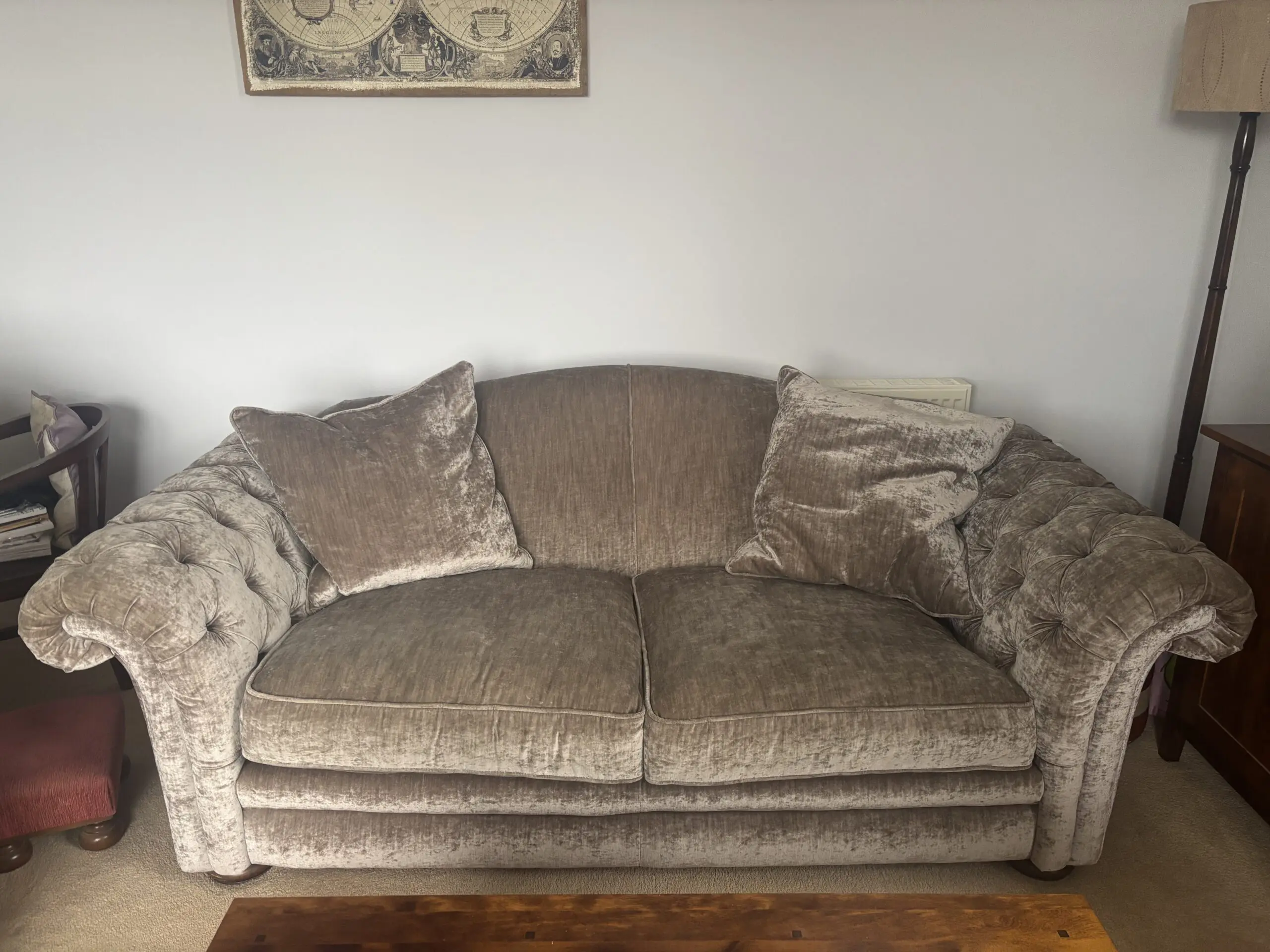 DFS mink antique-effect velvet grand sofa and chair The Loch Leven country living range