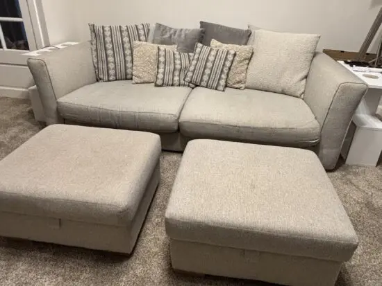 DFS Paignton large sofa, swivel chair & footstools