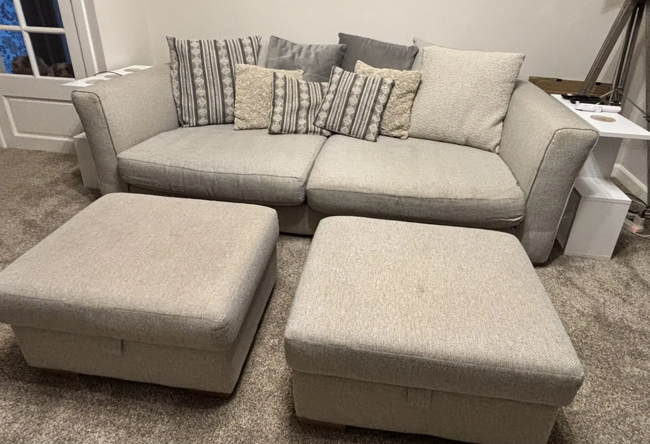 DFS Paignton large sofa, swivel chair & footstools