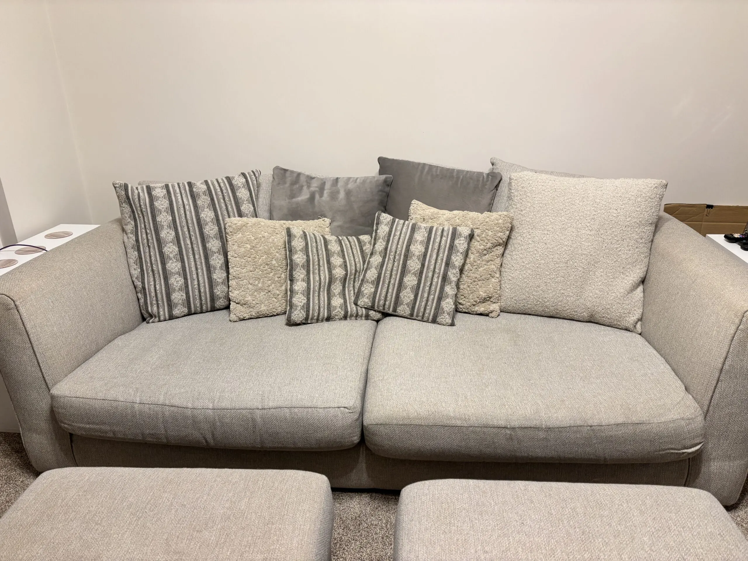 DFS Paignton large sofa, swivel chair & footstools