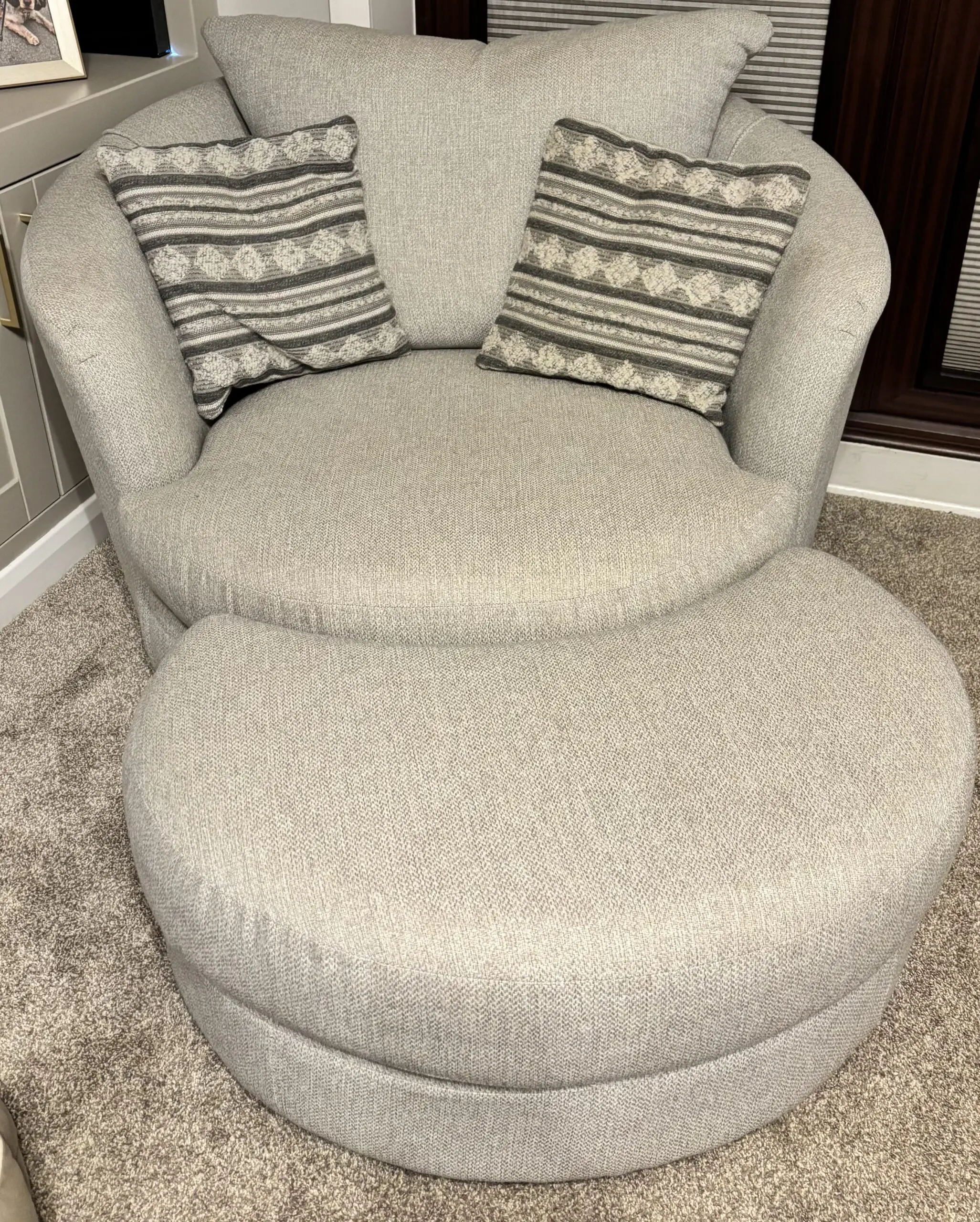 DFS Paignton large sofa, swivel chair & footstools