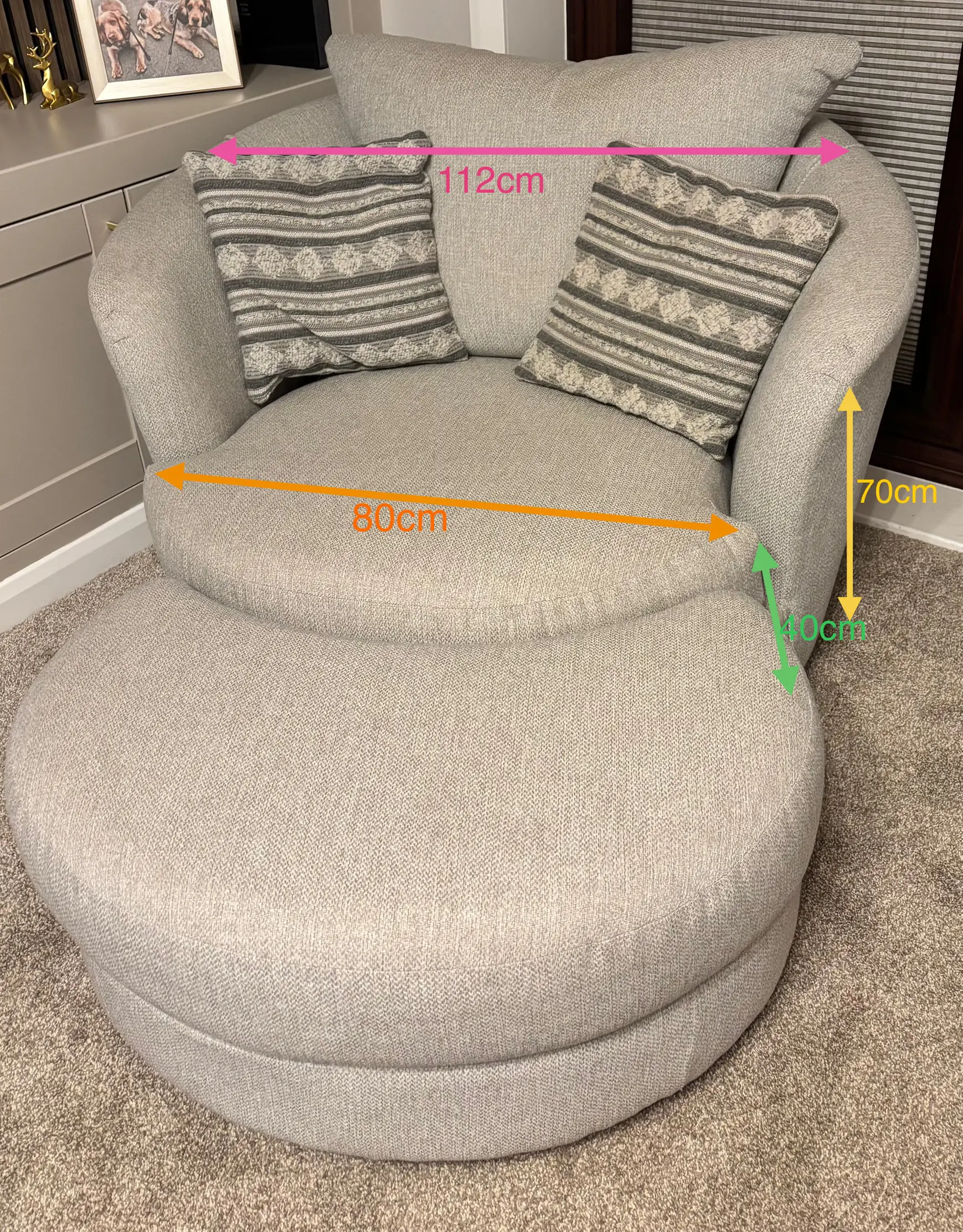 DFS Paignton large sofa, swivel chair & footstools