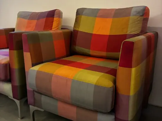 2 colourful armchairs