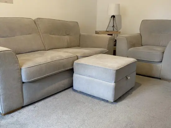 DFS Silver 3 Seater Sofa, Armchair and Footstool with storage