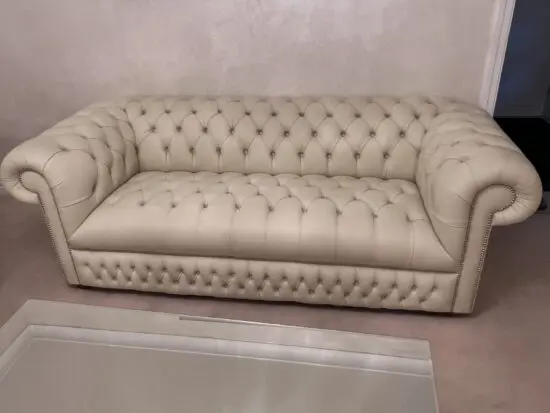 Saxons - 2 Cream Leather 3 Seater Chesterfield Sofas