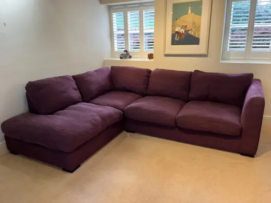 Sofas & Stuff British Handmade Corner Wadenhoe RHF Sofa. Fisher Plum cotton/linen fabric. Very good condition.No stains with 1 small repaired tear (see Photo)