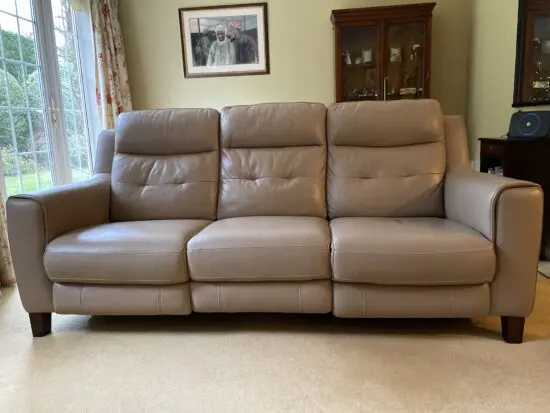 Sofology ‘latte’ coloured leather recliner sofa