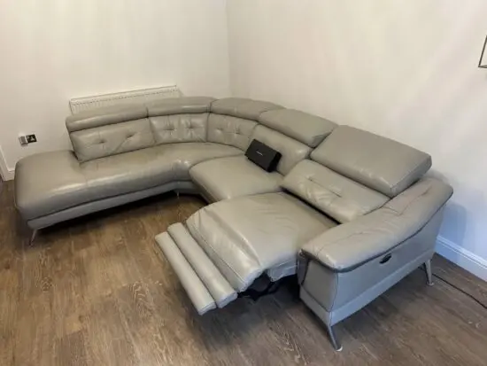 Sofology Leather Light Grey 4 Seater Sofa , Swivel Chair & Footstool