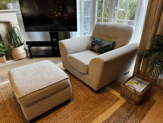 DFS Beige Sand Jones Winson Armchair and Storage Footstool Excellent Condition RRP £668