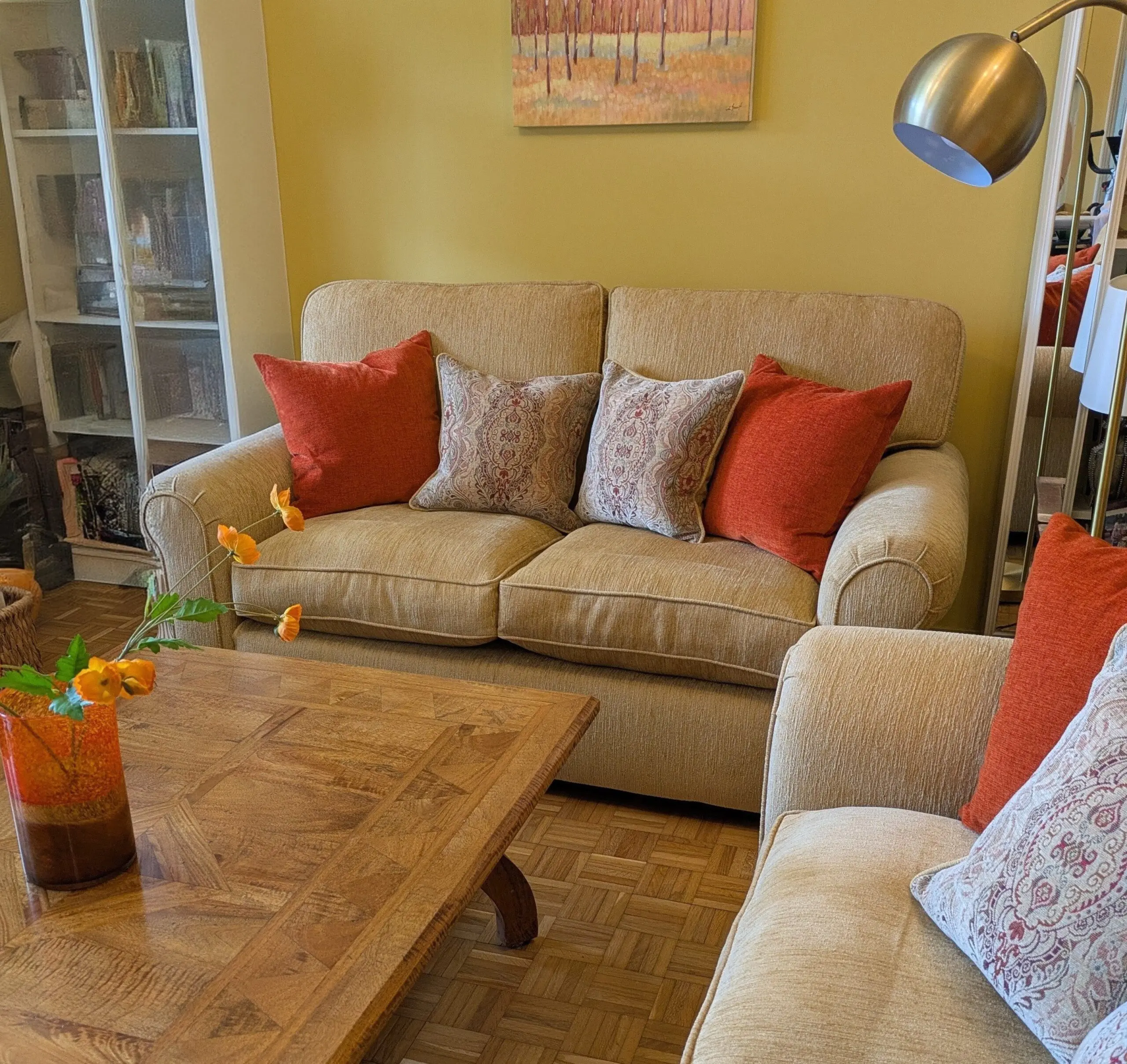 TWO PARKER KNOLL SOFAS IN PLAIN GOLD CHENILLE FABRIC