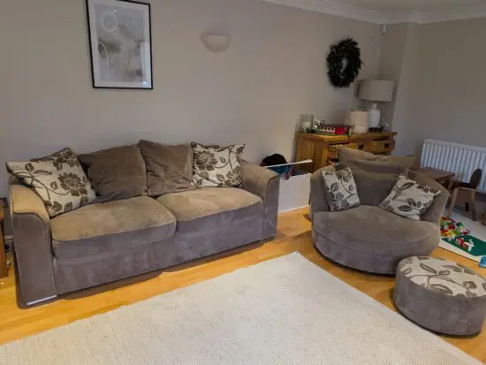 Furniture Village 2 piece: 3-Seater Sofa, Swivel Chair + double stacking footstalls