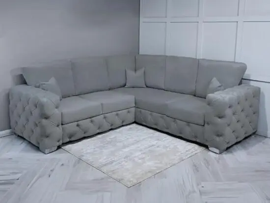 Ashton Chesterfield Corner Sofa L-Shaped Plush Velvet 2-3 Seater Sofa set, Arm chair – Deep Buttoned Armrests & Backrest with Sturdy Legs (Grey Plush, 5 Seater)